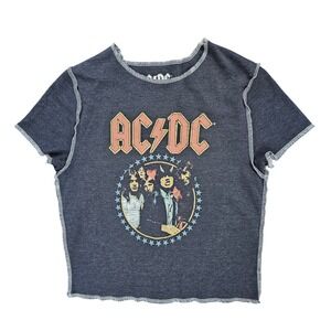 AC/DC Highway to Hell Womens‎ L Gray Graphic Crop Top Exposed Seam Tour Tee